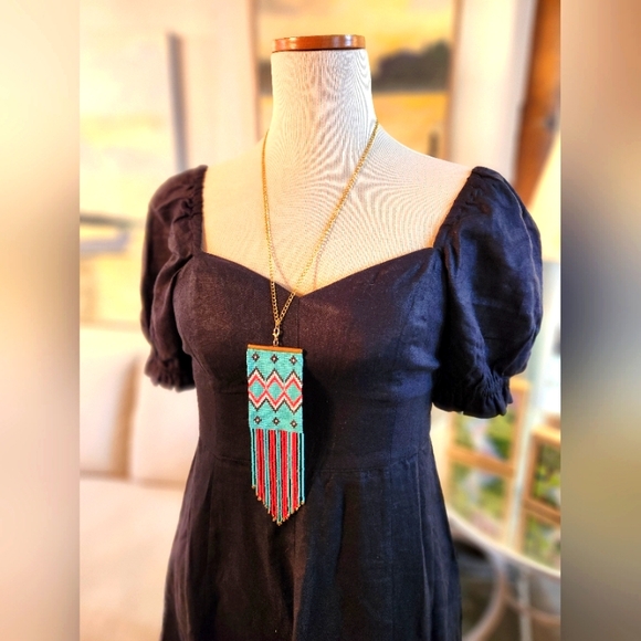 Blue and Red Beaded Tapestry Necklace with Goldtone Chain - Picture 11 of 11